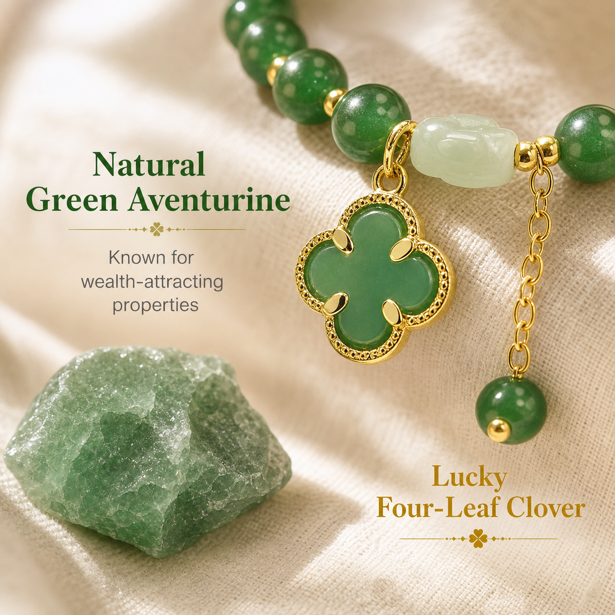 Money Magnet! Lucky Four-Leaf Clover Green Aventurine Bracelet - Manifest Wealth & Prosperity Crystal Charm