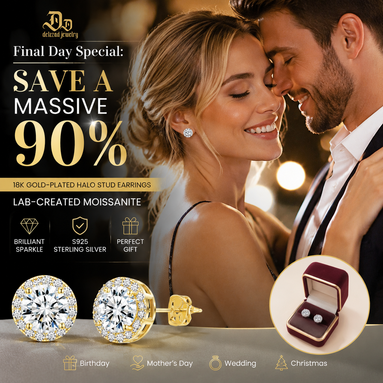 💎 18k Gold-Plated Halo Stud EarringsLab-Created Moissanite Earring S925 SterlingSilver Moissanite Jewelry Perfect BirthdayMother's Day Christmas Gift for Men WomenWedding Set
