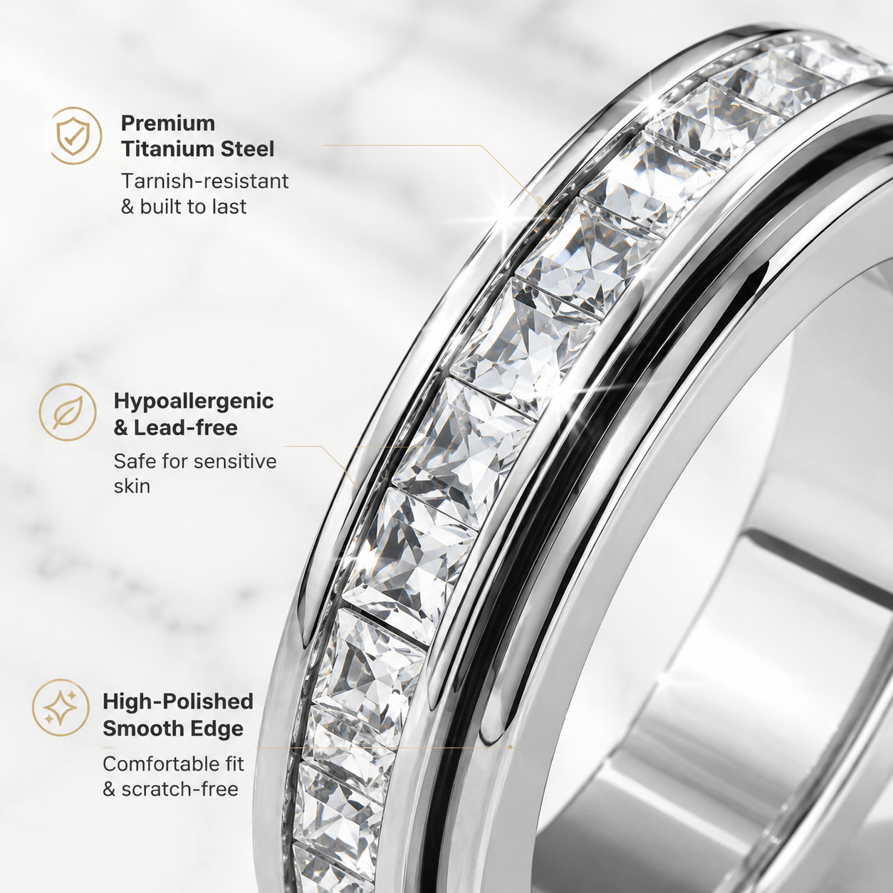 LAST DAY 50% OFF🥇Glowche Anxiety Ring - Titanium Steel Spinner Fidget Band Rings with Cubic Zirconia, Designed to Relieve Anxiety
