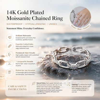 14K Gold Plated Moissanite Waterproof Unisex Chained Ring Silver-PlatedJewelry Perfect Birthday Engagement WeddingAnniversary Gift for Men Women💍🔥