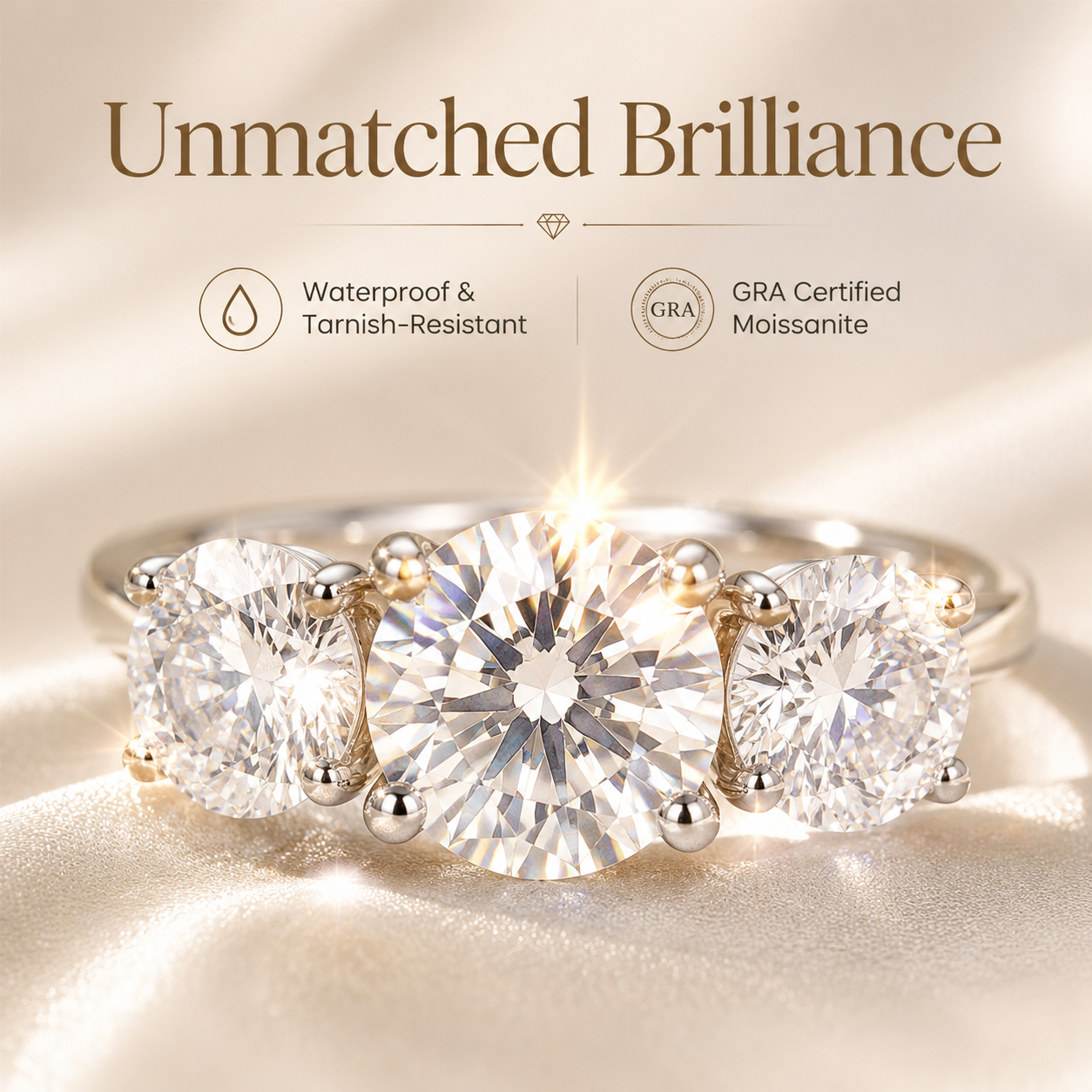 🔥18K Gold Plated Waterproof 1ct-5ctMoissanite Three Stone Prong EngagementRing Silver-Plated Band Jewelry PerfectBirthday Engagement Wedding AnniversaryGift Christmas Thanksgiving Valentine's Day