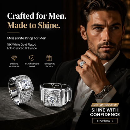💎Moissanite Rings for Men 18KWhite Gold Plated Men's Ring Lab-CreatedAnniversary Birthday Fathers Day Gift for DadHim