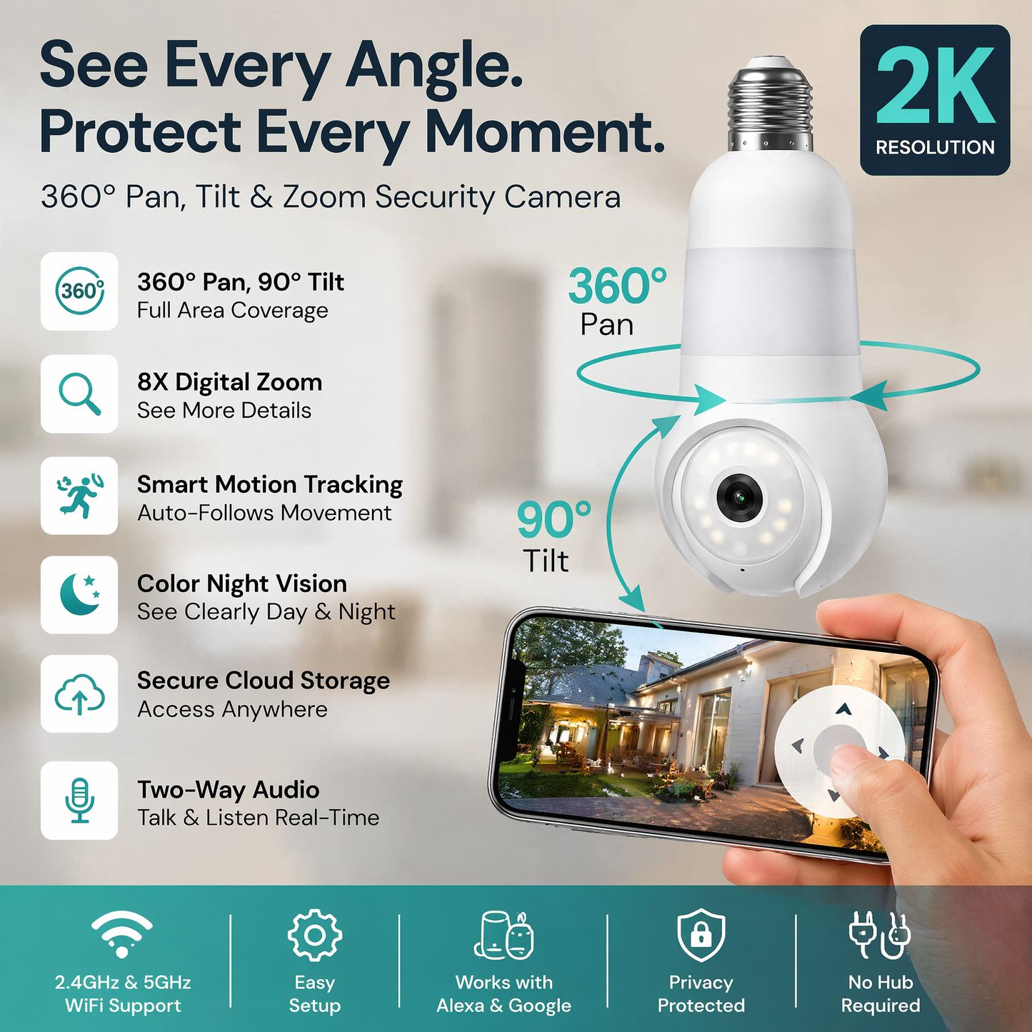 PKNEW® | Luna Light Bulb Security Cam -2K 2.4GHz/5GHz WiFi, Indoor Outdoor Surveillance Monitoring Camera for Home, 360° Pan/Tilt, Color Night Vision, Built-In LED & Spotlight, Easy Installation (2026 Upgrade)