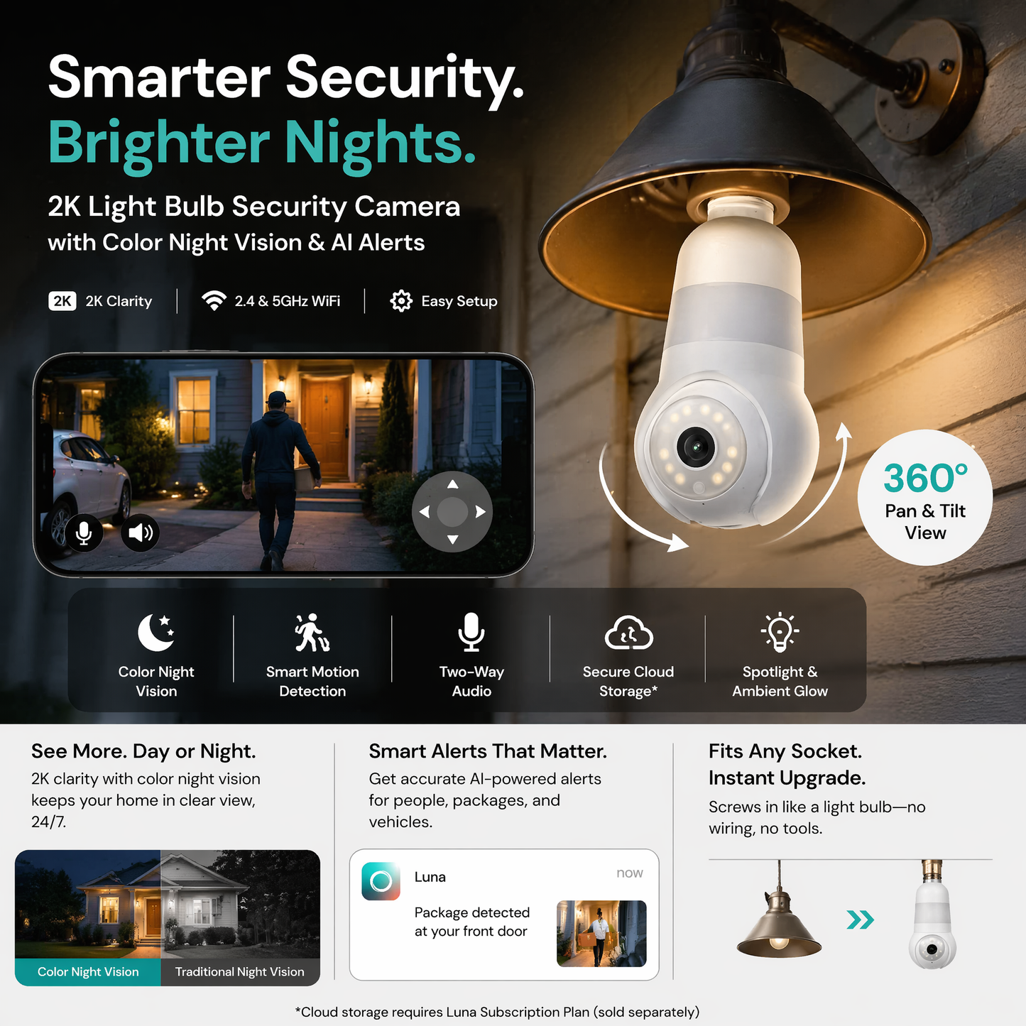 PKNEW® | Luna Light Bulb Security Cam -2K 2.4GHz/5GHz WiFi, Indoor Outdoor Surveillance Monitoring Camera for Home, 360° Pan/Tilt, Color Night Vision, Built-In LED & Spotlight, Easy Installation (2026 Upgrade)