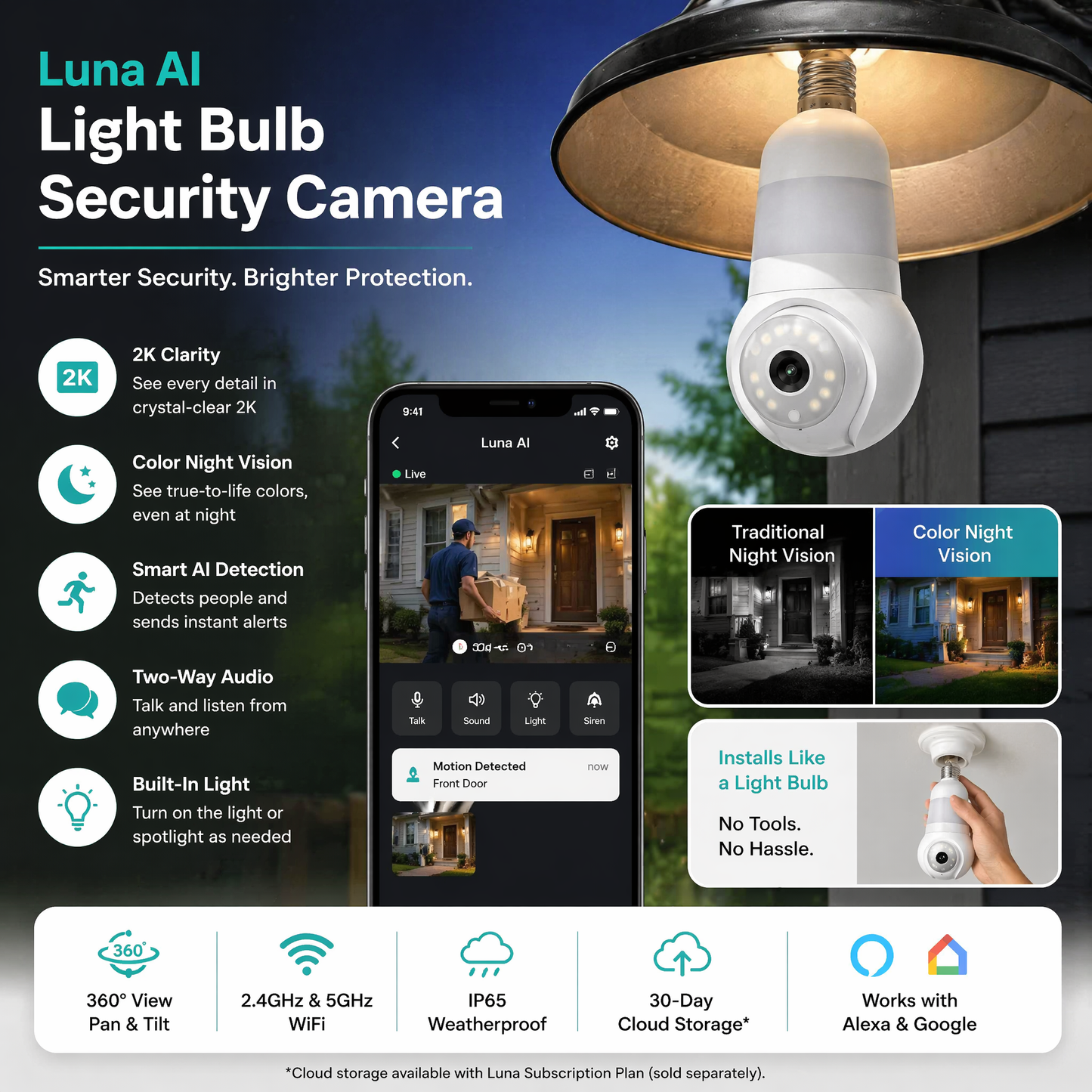 PKNEW® | Luna Light Bulb Security Cam -2K 2.4GHz/5GHz WiFi, Indoor Outdoor Surveillance Monitoring Camera for Home, 360° Pan/Tilt, Color Night Vision, Built-In LED & Spotlight, Easy Installation (2026 Upgrade)