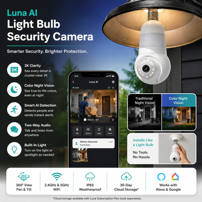 PKNEW® | Luna Light Bulb Security Cam -2K 2.4GHz/5GHz WiFi, Indoor Outdoor Surveillance Monitoring Camera for Home, 360° Pan/Tilt, Color Night Vision, Built-In LED & Spotlight, Easy Installation (2026 Upgrade)