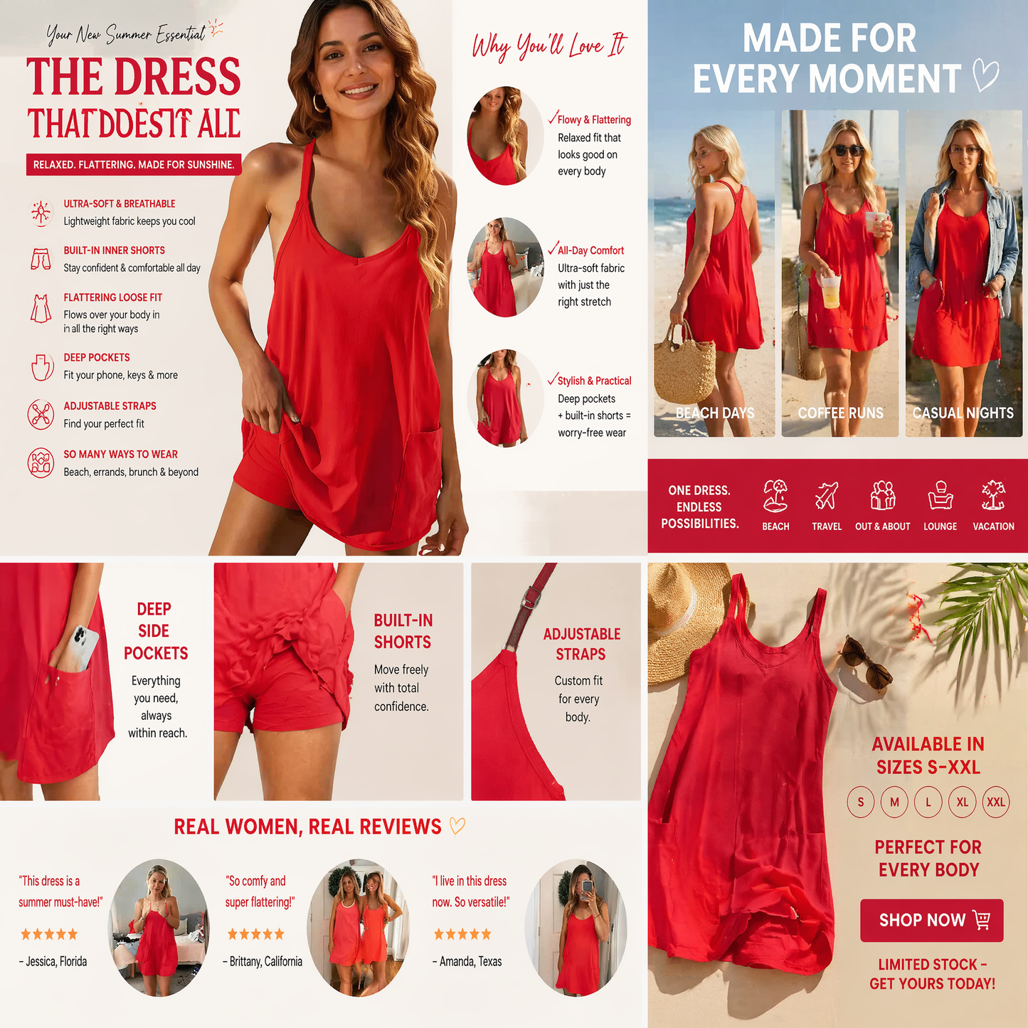 🏖️BULESHOT® | 2026 Women's Summer Sleeveless Mini Dress with Built-in Shorts V Neck Spaghetti Straps Athletic Shorts Tennis Dress with Pockets