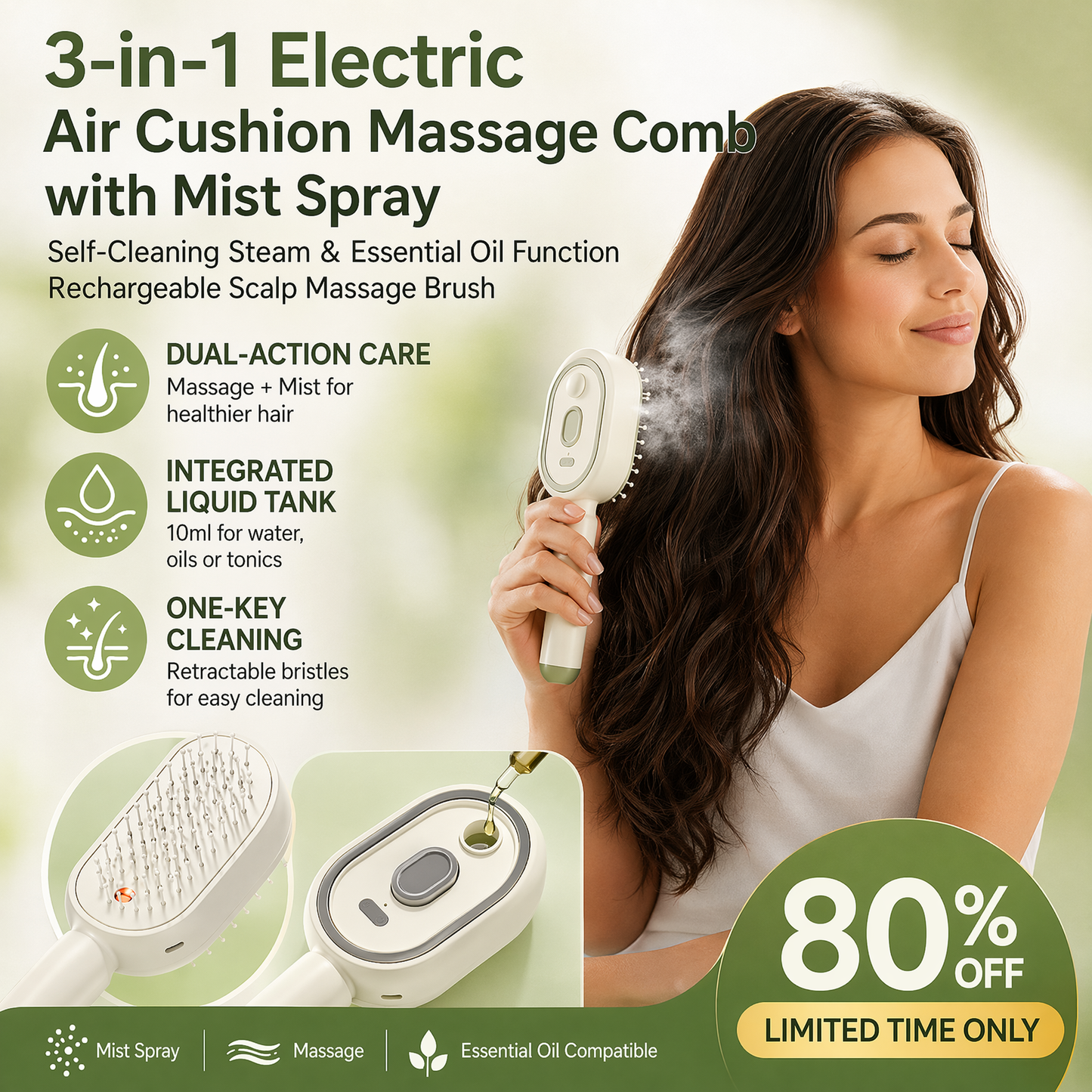 Devareon® 3-in-1 Electric Air Cushion Massage Comb with Mist Spray, Self-Cleaning Steam and Essential Oil Function, Rechargeable Scalp Massage Brush🌳