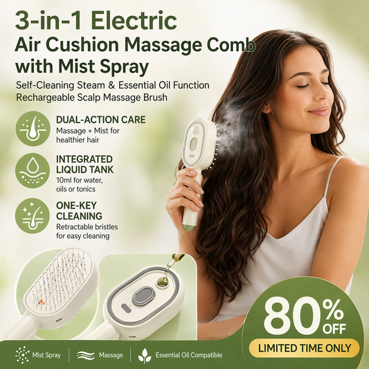 Devareon® 3-in-1 Electric Air Cushion Massage Comb with Mist Spray, Self-Cleaning Steam and Essential Oil Function, Rechargeable Scalp Massage Brush🔥