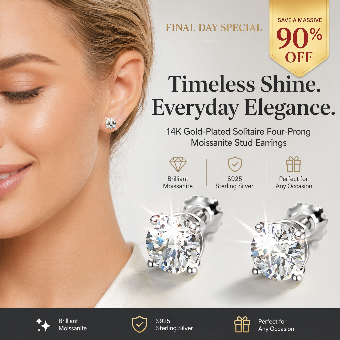14K gold-plated solitaire four-prong stud earrings featuring lab-grown moissanite and S925 sterling silver  Final Day Special: Save a Massive 90% 🔥