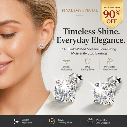 14K gold-plated solitaire four-prong stud earrings featuring lab-grown moissanite and S925 sterling silver  Final Day Special: Save a Massive 90% 🔥
