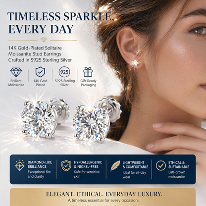 14K gold-plated solitaire four-prong stud earrings featuring lab-grown moissanite and S925 sterling silver  Final Day Special: Save a Massive 90% 🔥