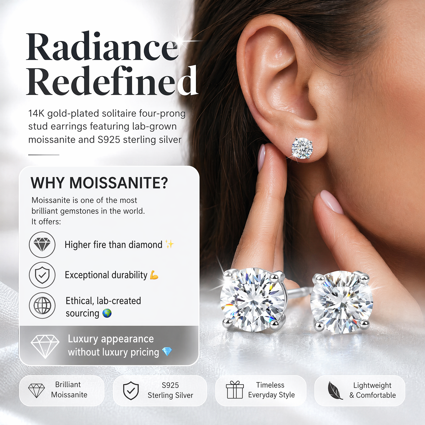 14K gold-plated solitaire four-prong stud earrings featuring lab-grown moissanite and S925 sterling silver  Final Day Special: Save a Massive 90% 🔥