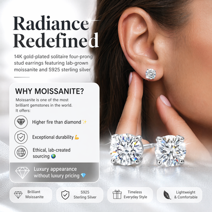 14K gold-plated solitaire four-prong stud earrings featuring lab-grown moissanite and S925 sterling silver  Final Day Special: Save a Massive 90% 🔥