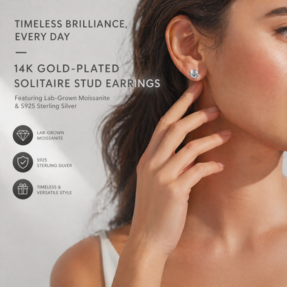 14K gold-plated solitaire four-prong stud earrings featuring lab-grown moissanite and S925 sterling silver  Final Day Special: Save a Massive 90% 🔥