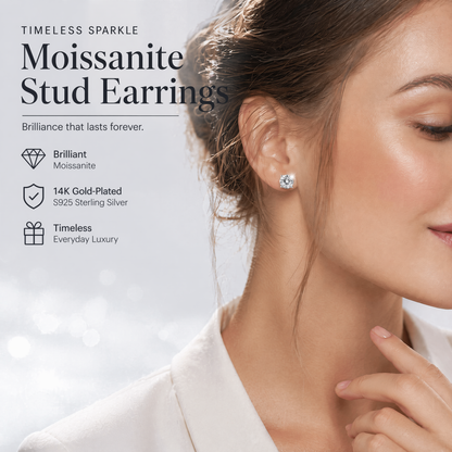 14K gold-plated solitaire four-prong stud earrings featuring lab-grown moissanite and S925 sterling silver  Final Day Special: Save a Massive 90% 🔥